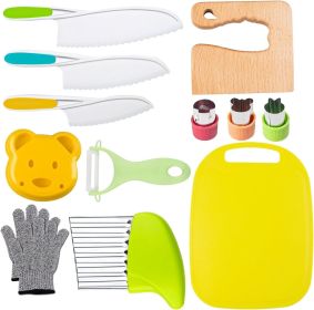 8 Pcs Wooden Kitchen Knife Set for Kids - Includes Safe Knives, Serrated Plastic Knives, Potato Slicers, Sandwich Cutter, Peeler and Cutting Boar (size: 13 pieces)